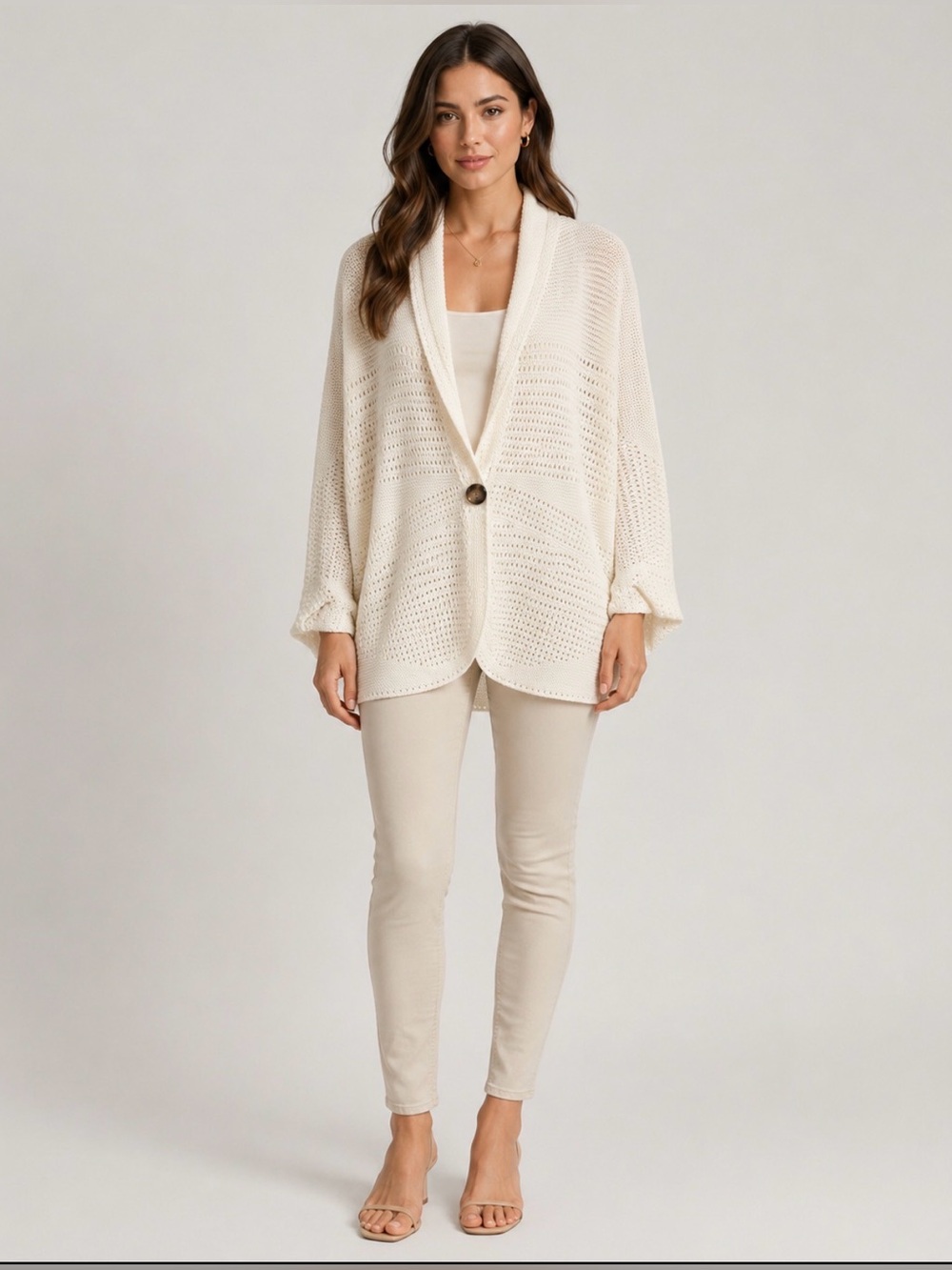 NWT Jones New York Signature Woman 2X Ivory Open Knit Shawl Collar Cardigan